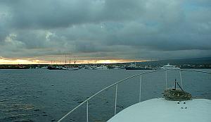 Inbound at Puerto Ayora, on the island of Santa Cruz, in the Galapagos Archipelago.